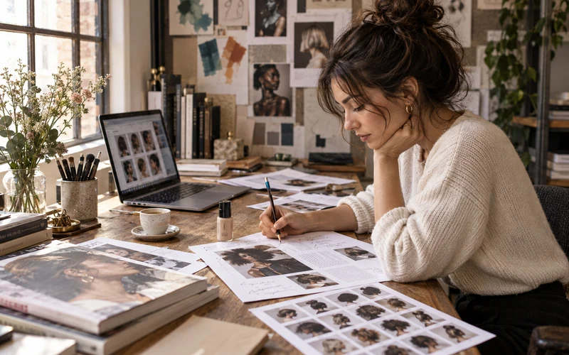 Beauty industry editor reviewing news stories at a newsroom desk