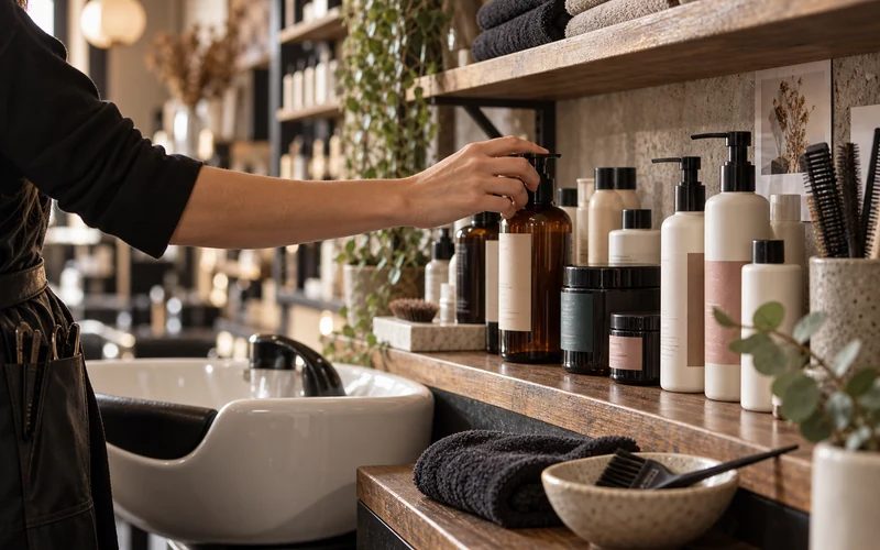 Shelf of professional hair care products in a salon backbar
