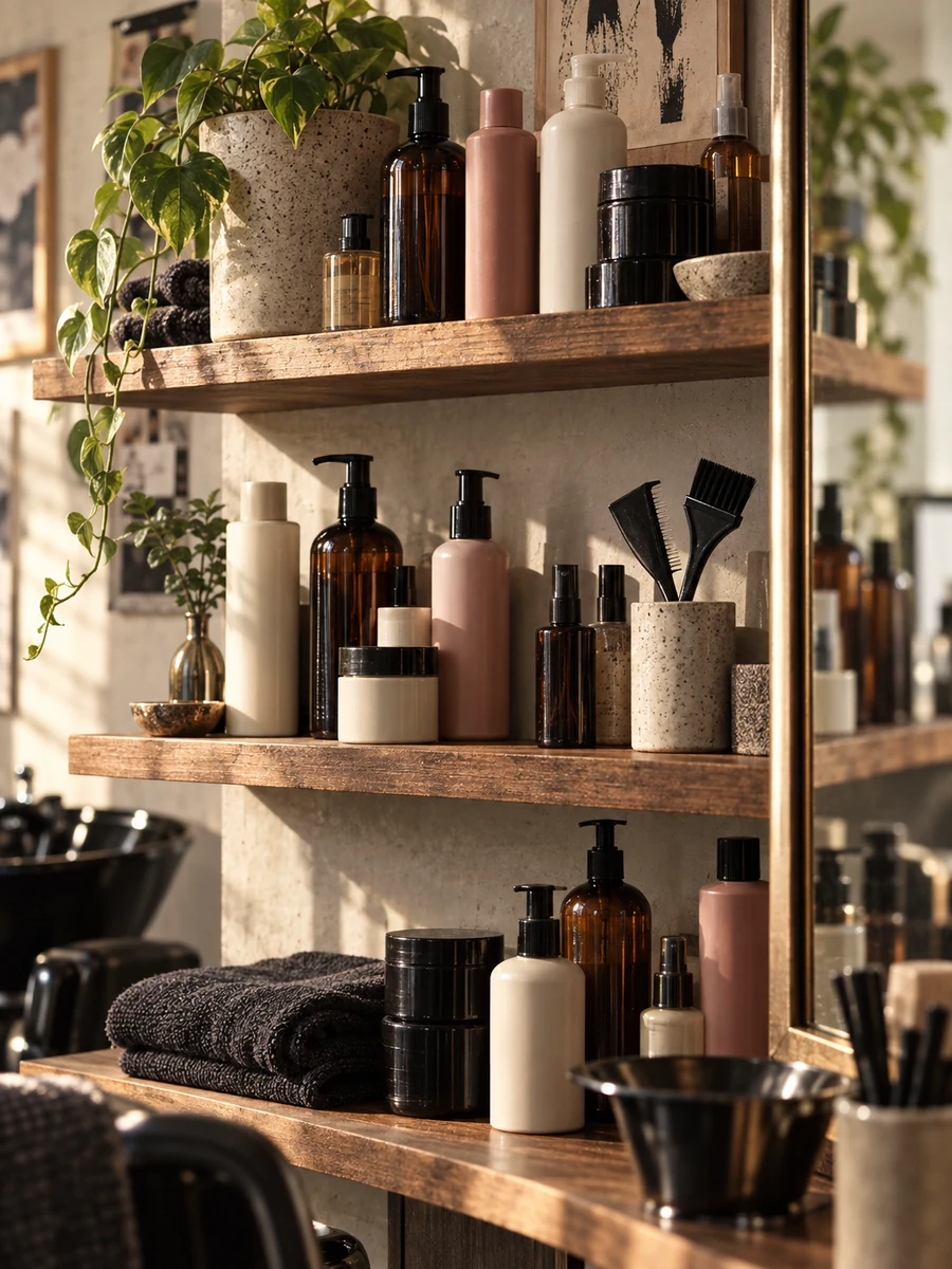 Shelf of professional hair care products in a salon backbar