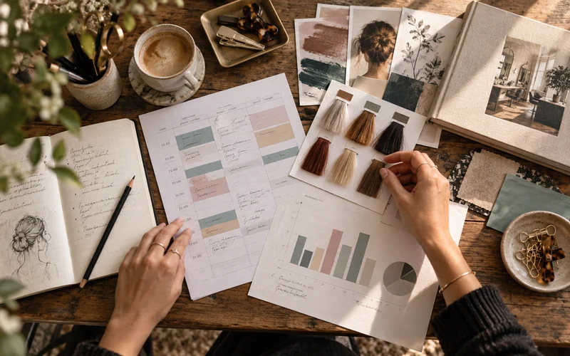 Beauty industry professional reviewing plans and reports at a desk
