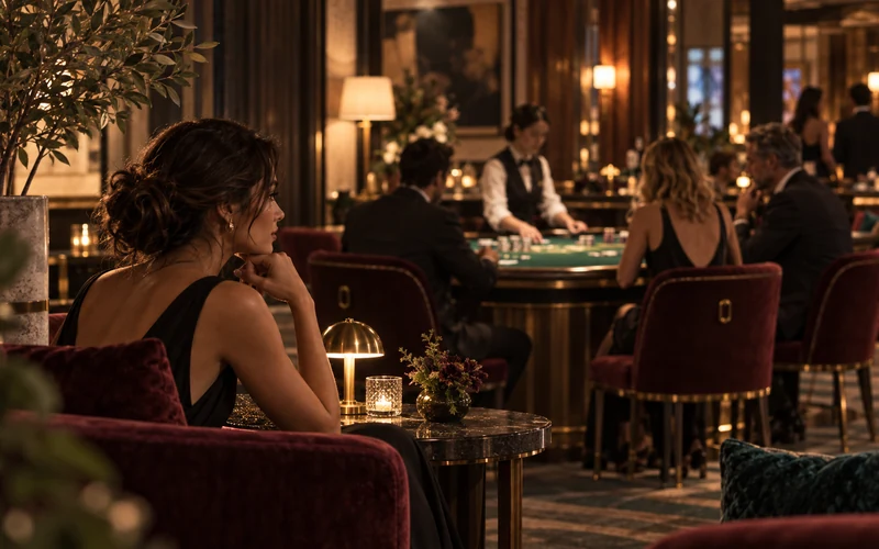 Casino floor lit up in the evening with guests at the tables