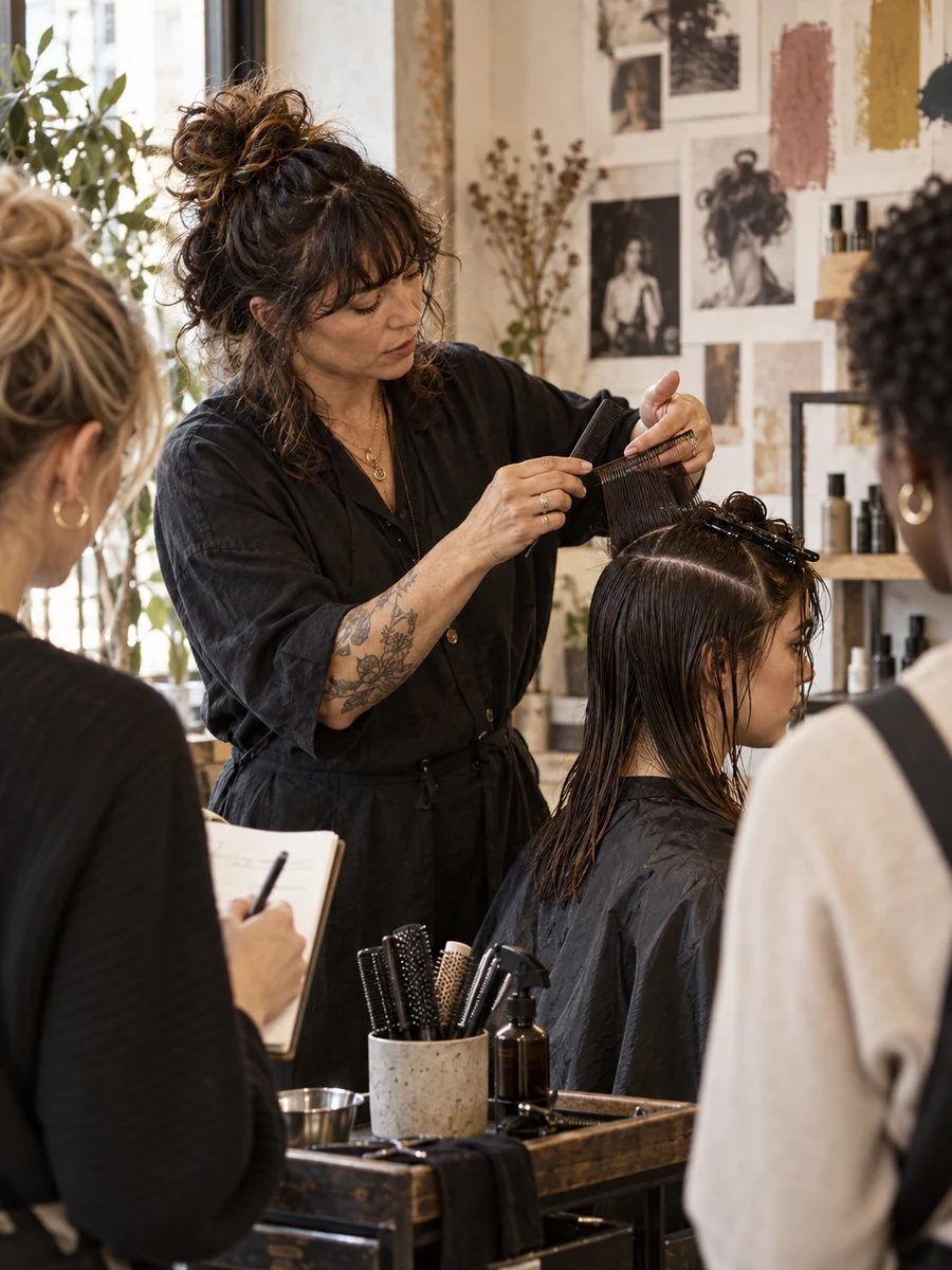 Beauty educator demonstrating a technique to salon professionals in training