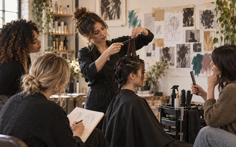 Beauty educator demonstrating a technique to salon professionals in training