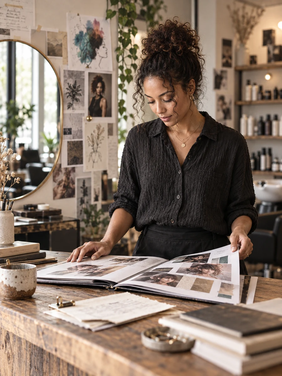 Salon owner reviewing business reports and product catalogs at the front desk