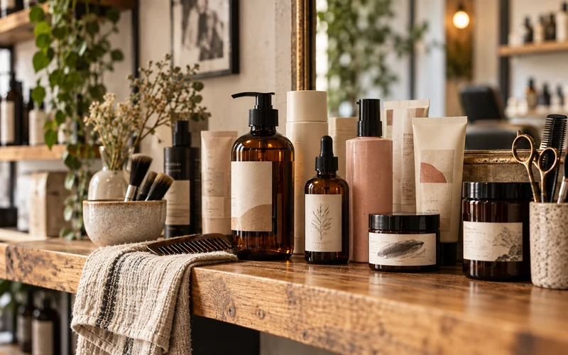 Organized shelf of professional beauty products in a salon